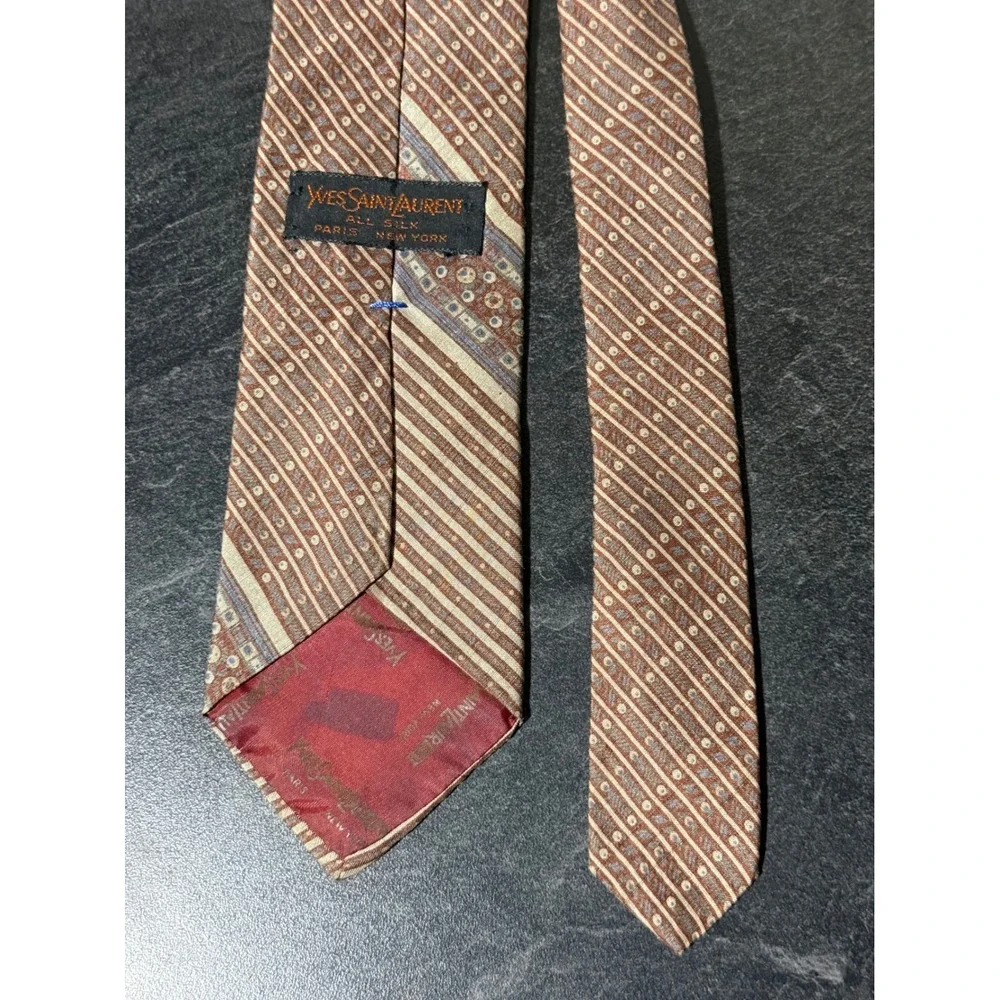 Vintage Yves Saint Laurent Silk Necktie Brown Tan Geometric Striped YSL Tie